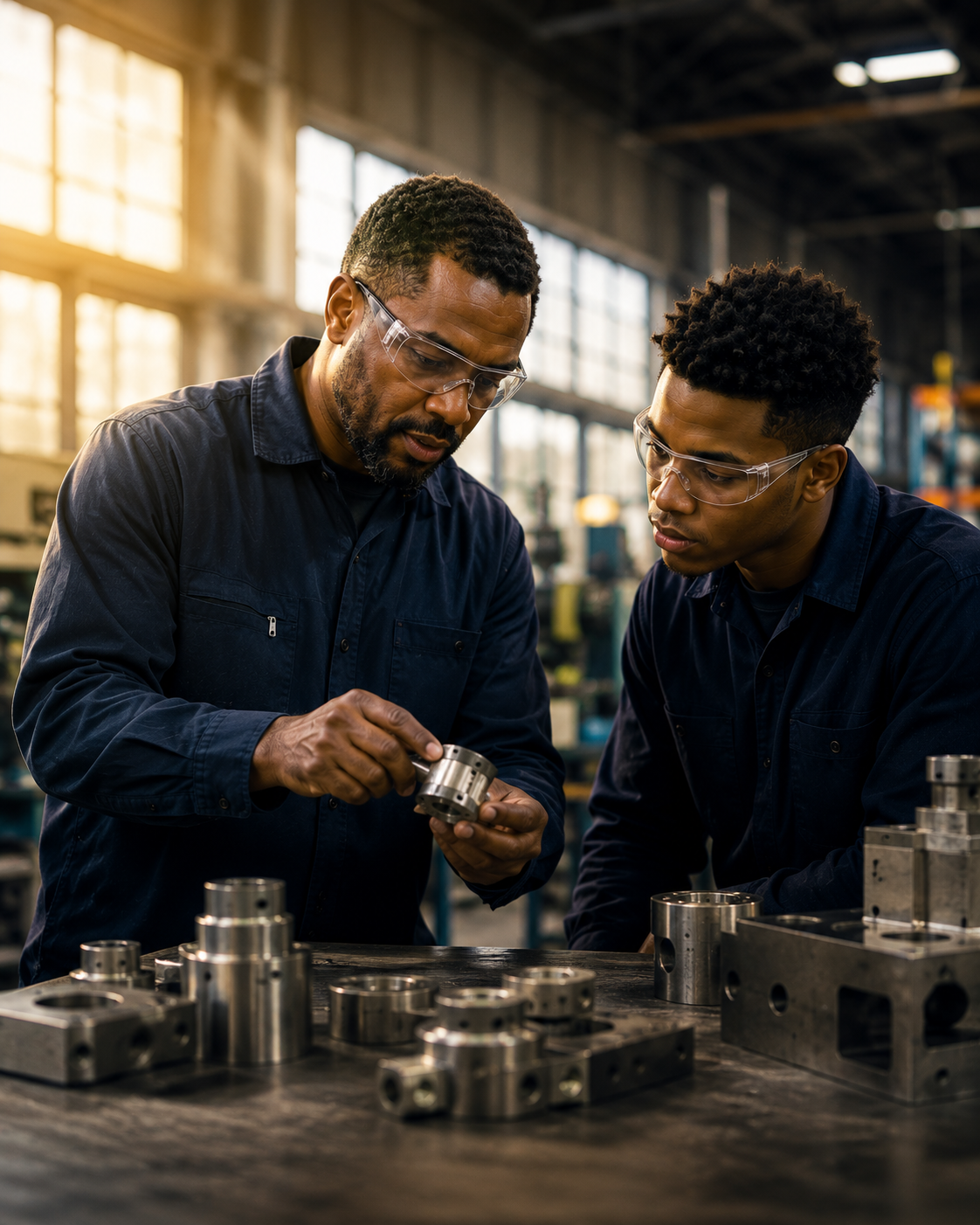 Experienced tradesman training a young apprentice in a modern manufacturing facility