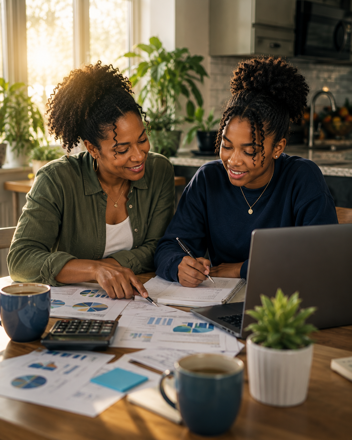 Black mother teaching her teenage daughter budgeting and financial planning