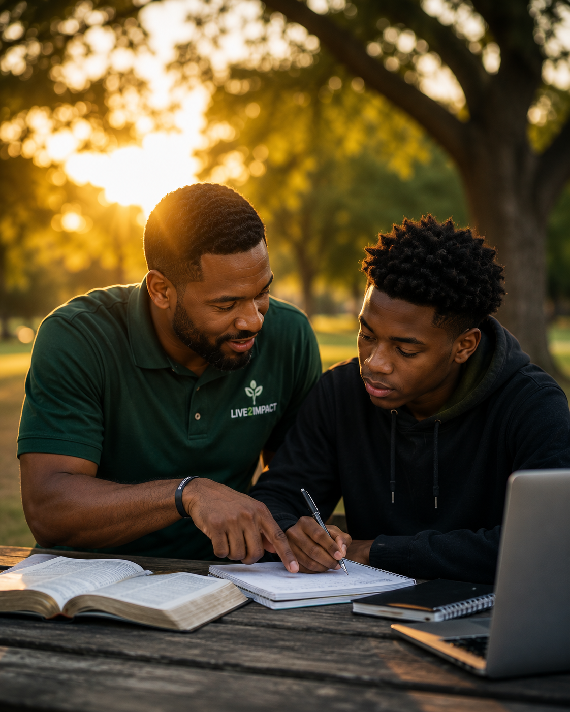 Black mentor guiding a Black teenage student during an outdoor study session